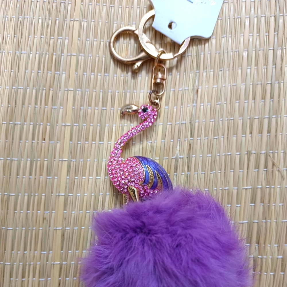 Small size purple/pink flamingo pom pom keychain + keyring